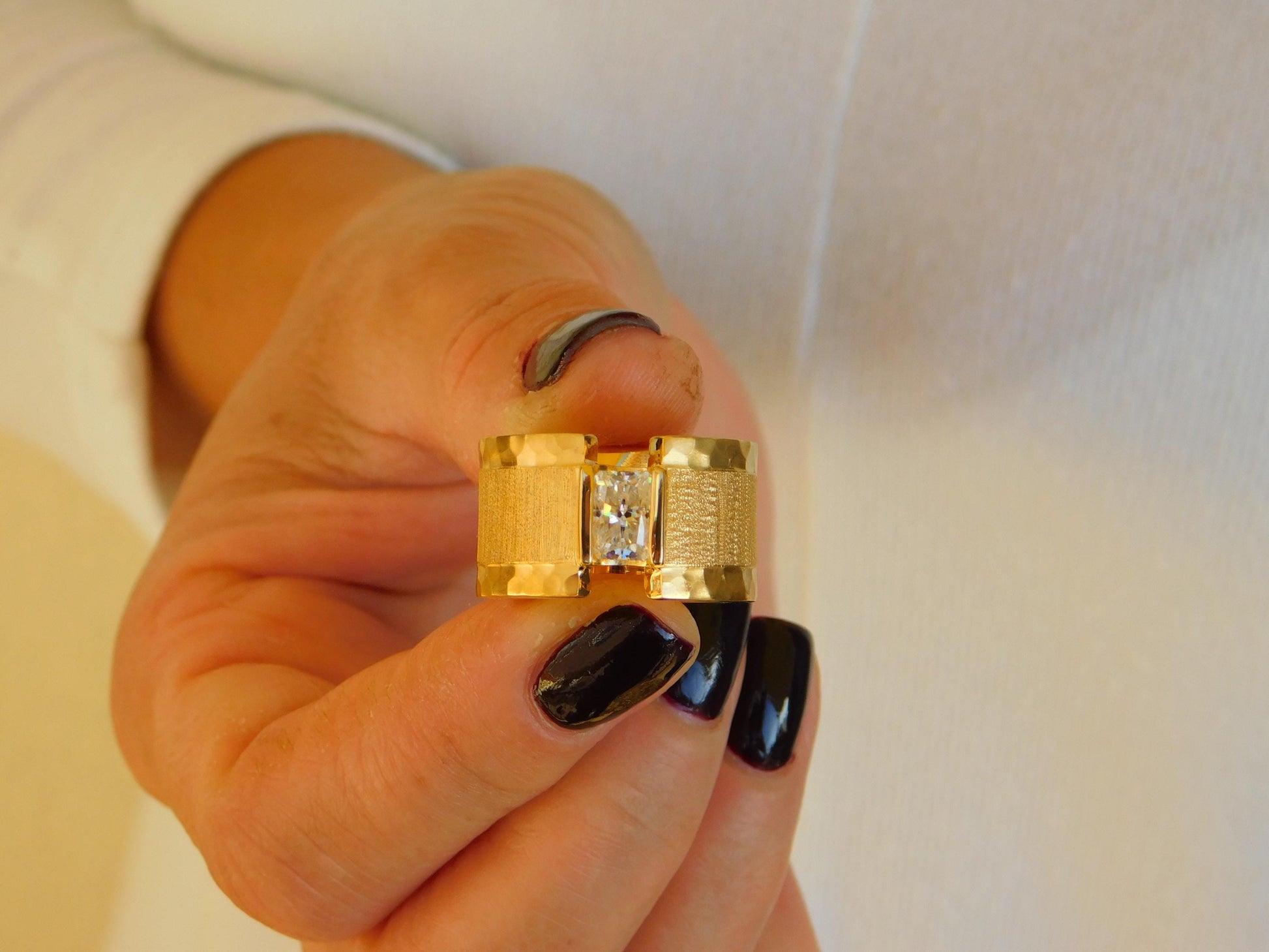 Brushed Band Engagement Ring: 13MM Wide in Silver or Gold Plated With Moissanite