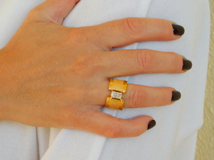 Brushed Band Engagement Ring: 13MM Wide in Silver or Gold Plated With Moissanite