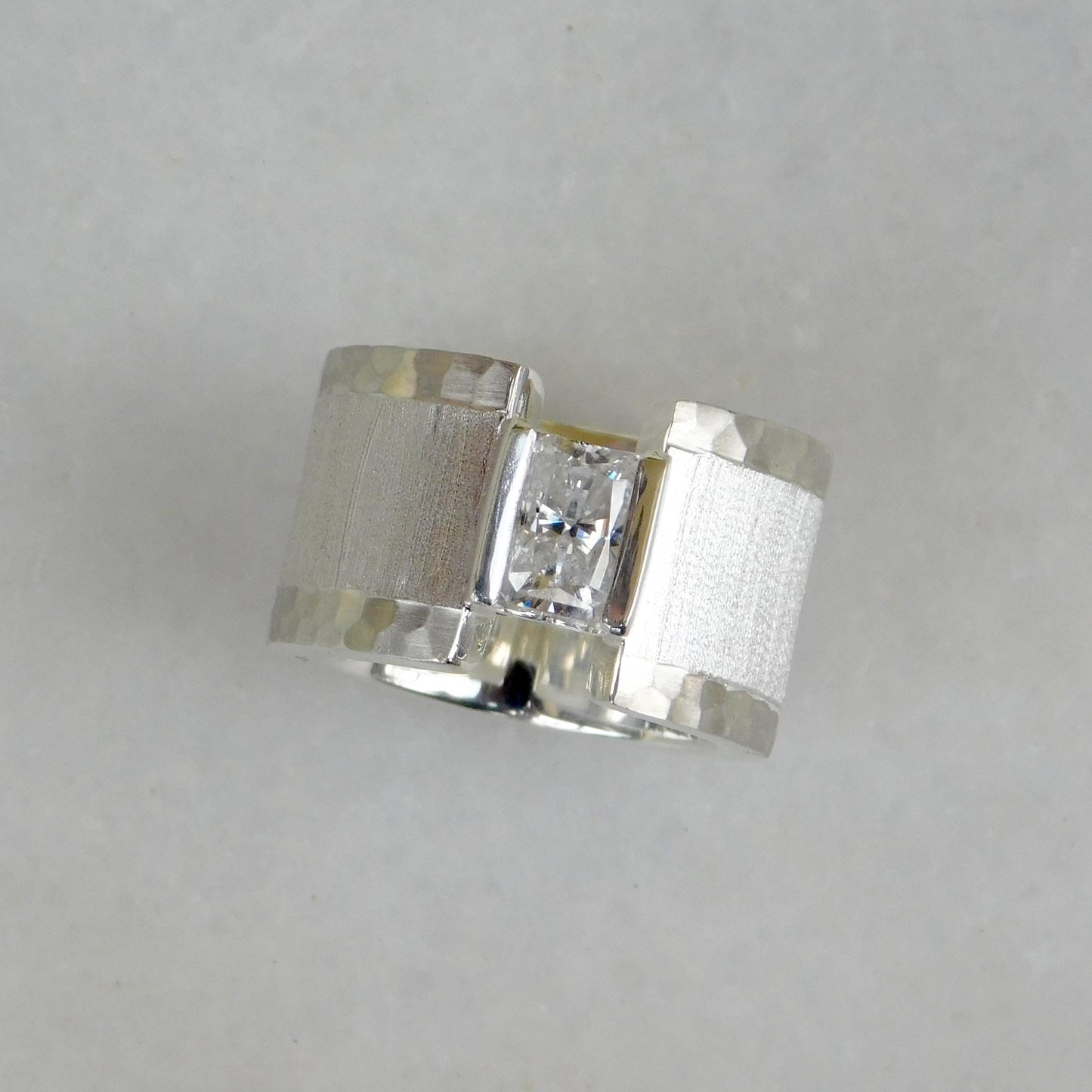 Brushed Band Engagement Ring: 13MM Wide in Silver or Gold Plated With Moissanite