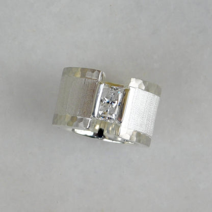 Brushed Band Engagement Ring: 13MM Wide in Silver or Gold Plated With Moissanite