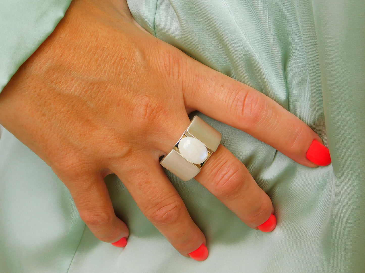 Moonstone Ring: Wide Band Contemporary Design in Silver or Gold Plated