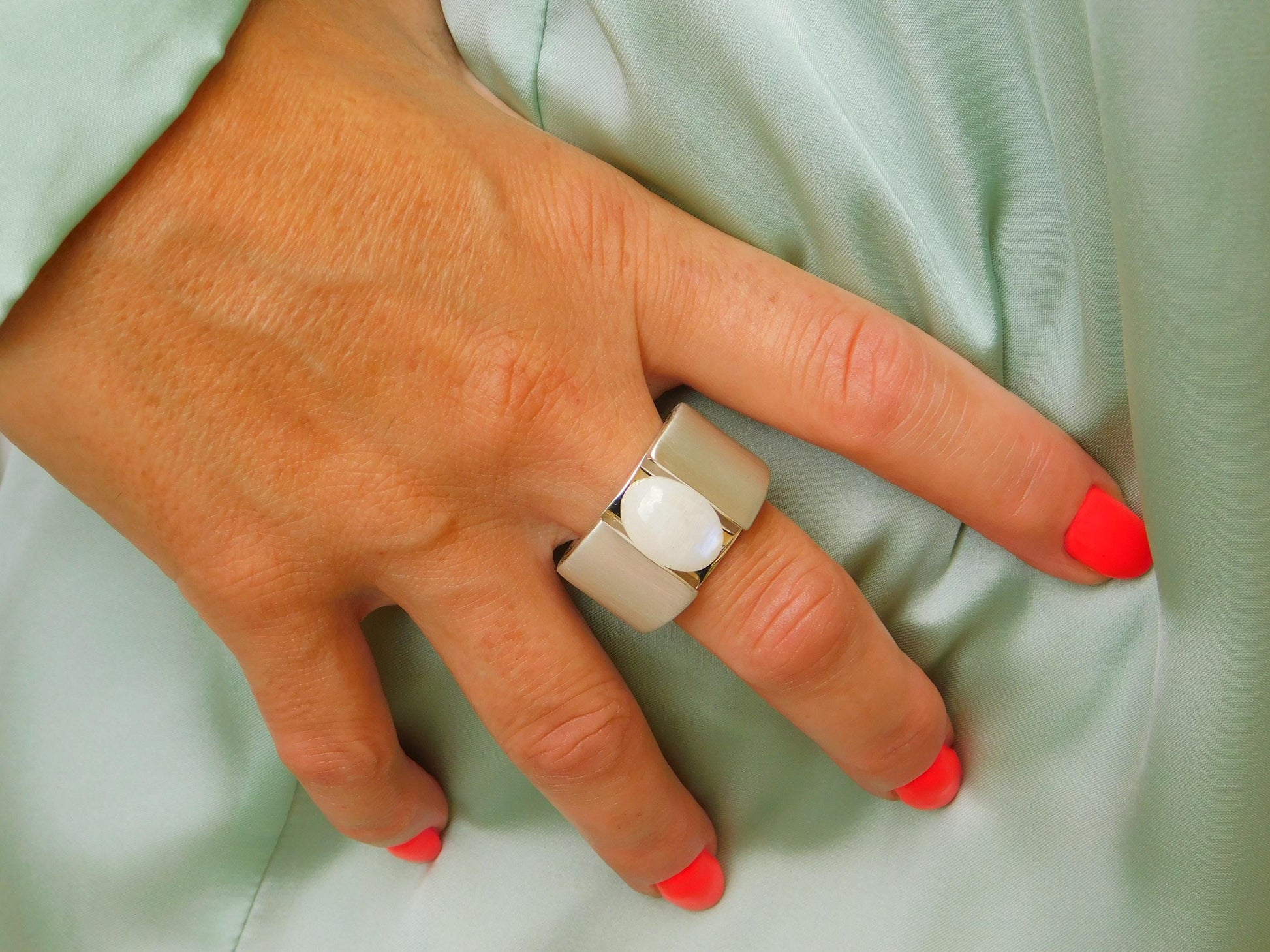 Moonstone Ring: Wide Band Contemporary Design in Silver or Gold Plated