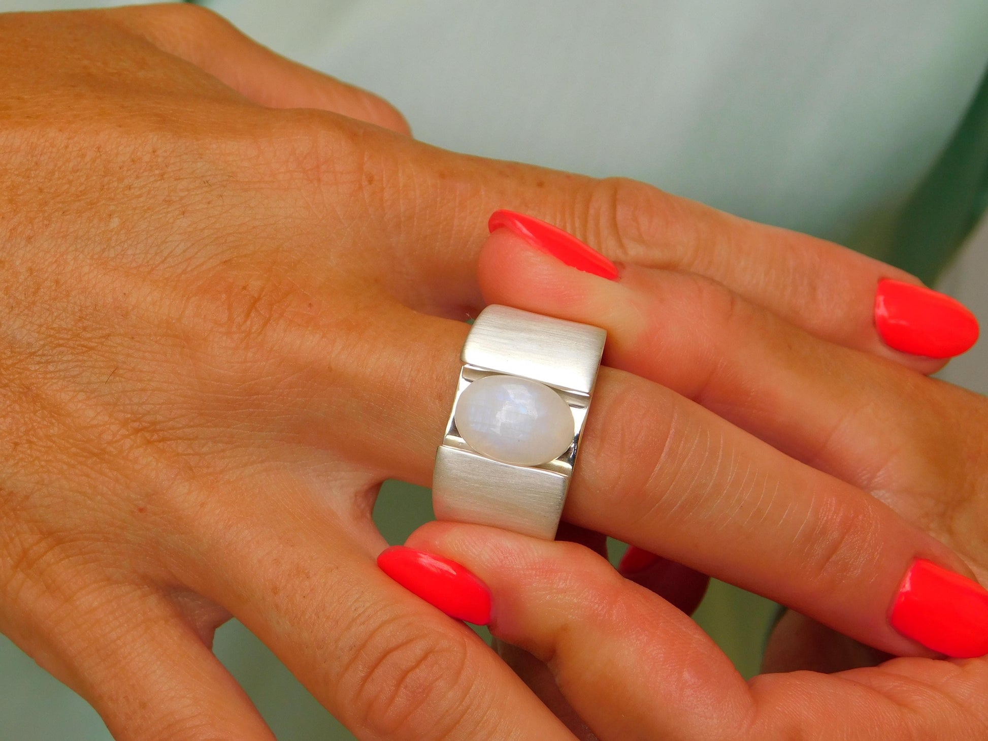 Moonstone Ring: Wide Band Contemporary Design in Silver or Gold Plated