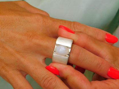 Moonstone Ring: Wide Band Contemporary Design in Silver or Gold Plated