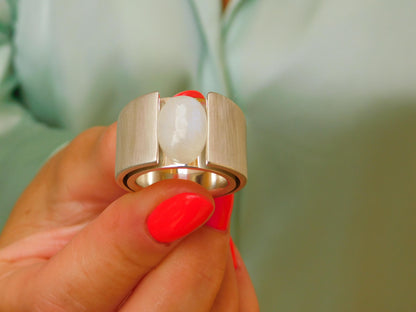 Moonstone Ring: Wide Band Contemporary Design in Silver or Gold Plated