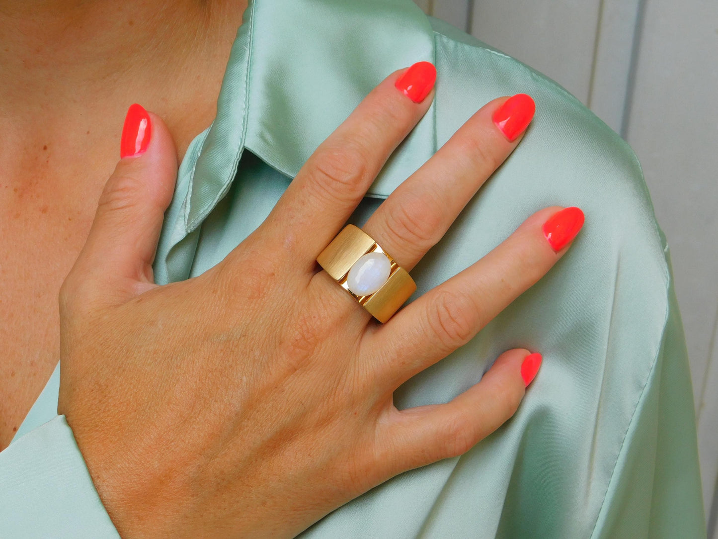 Wide Band Moonstone Ring: Contemporary Design in Silver or Gold Plated