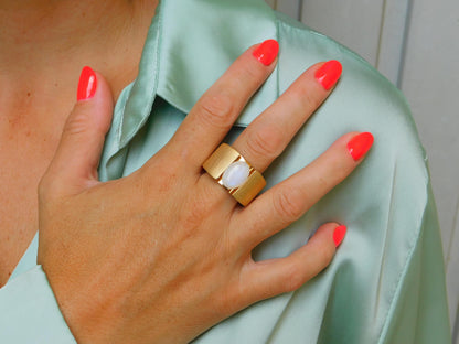 Wide Band Moonstone Ring: Contemporary Design in Silver or Gold Plated