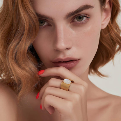 Moonstone Ring: Wide Band Contemporary Design in Silver or Gold Plated