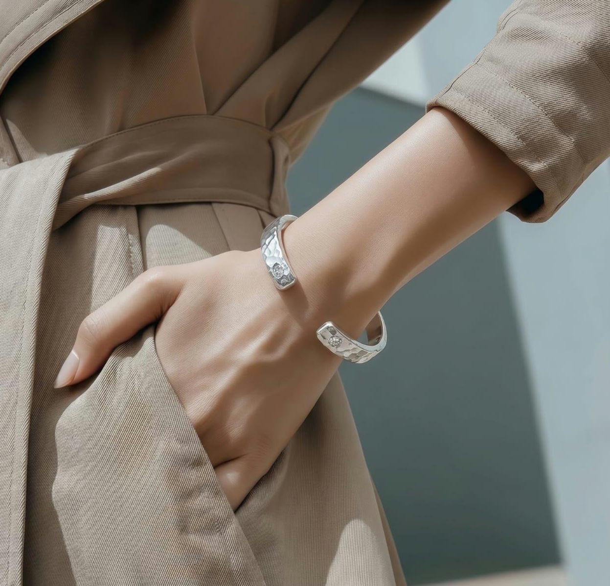 Reversible Hammered Sterling Silver Cuff Bracelet, Twin Stone Ends, Minimalist Statement Jewelry