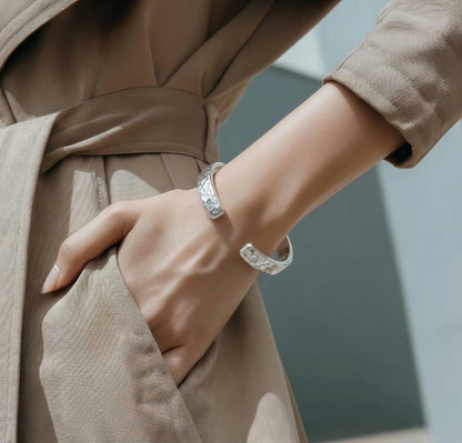 Reversible Hammered Sterling Silver Cuff Bracelet, Twin Stone Ends, Minimalist Statement Jewelry