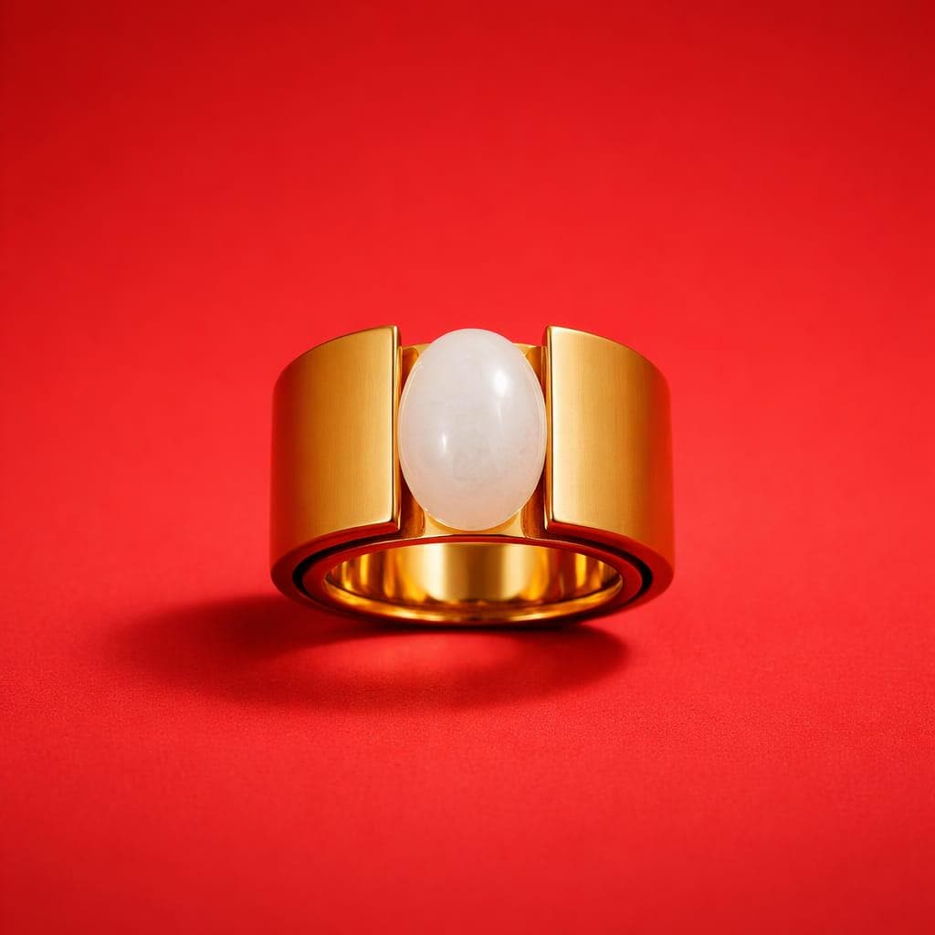 Moonstone Ring: Wide Band Contemporary Design in Silver or Gold Plated