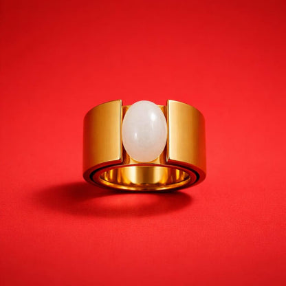 Moonstone Ring: Wide Band Contemporary Design in Silver or Gold Plated