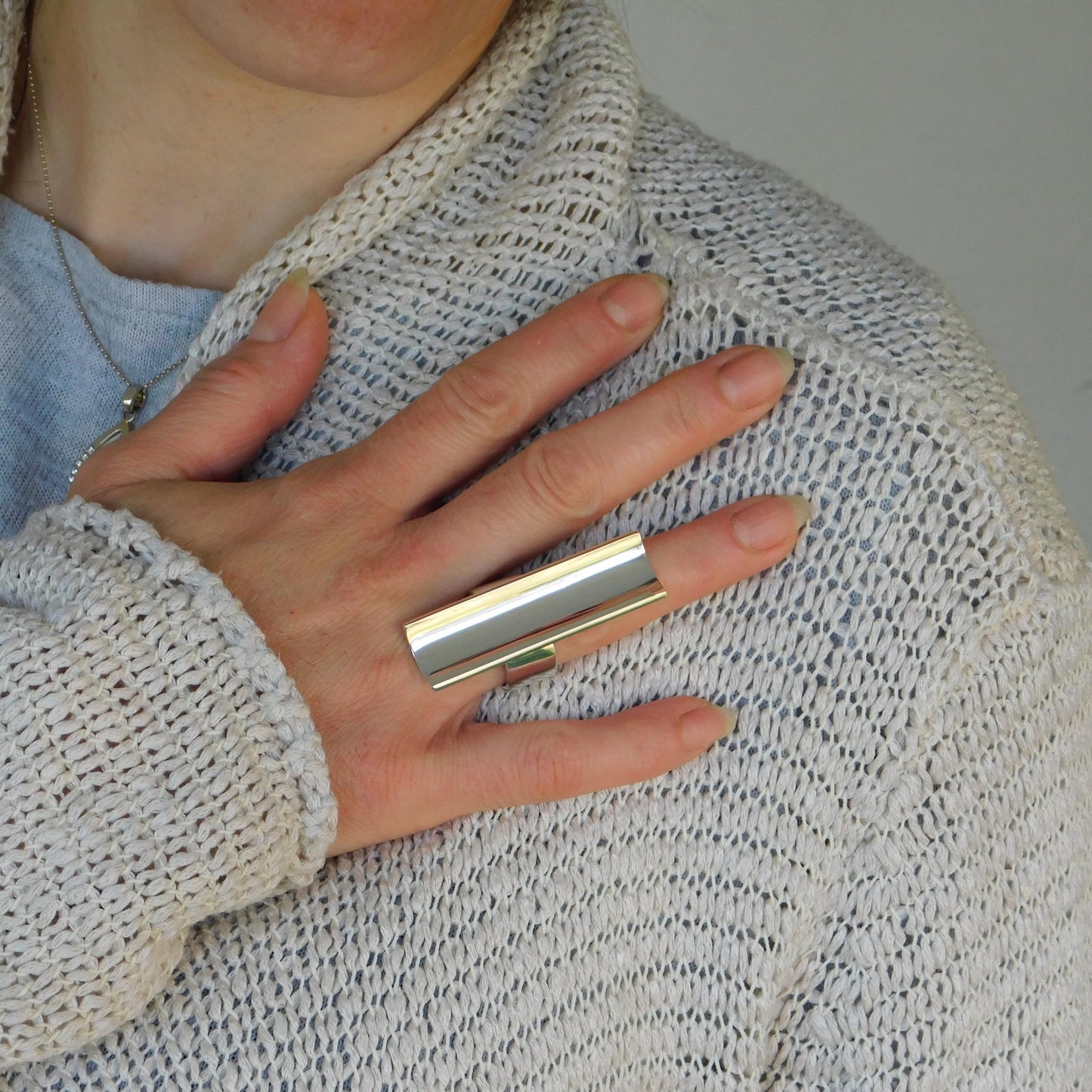 Statement Ring Silver: Long Shield Ring, Large Bar Jewelry