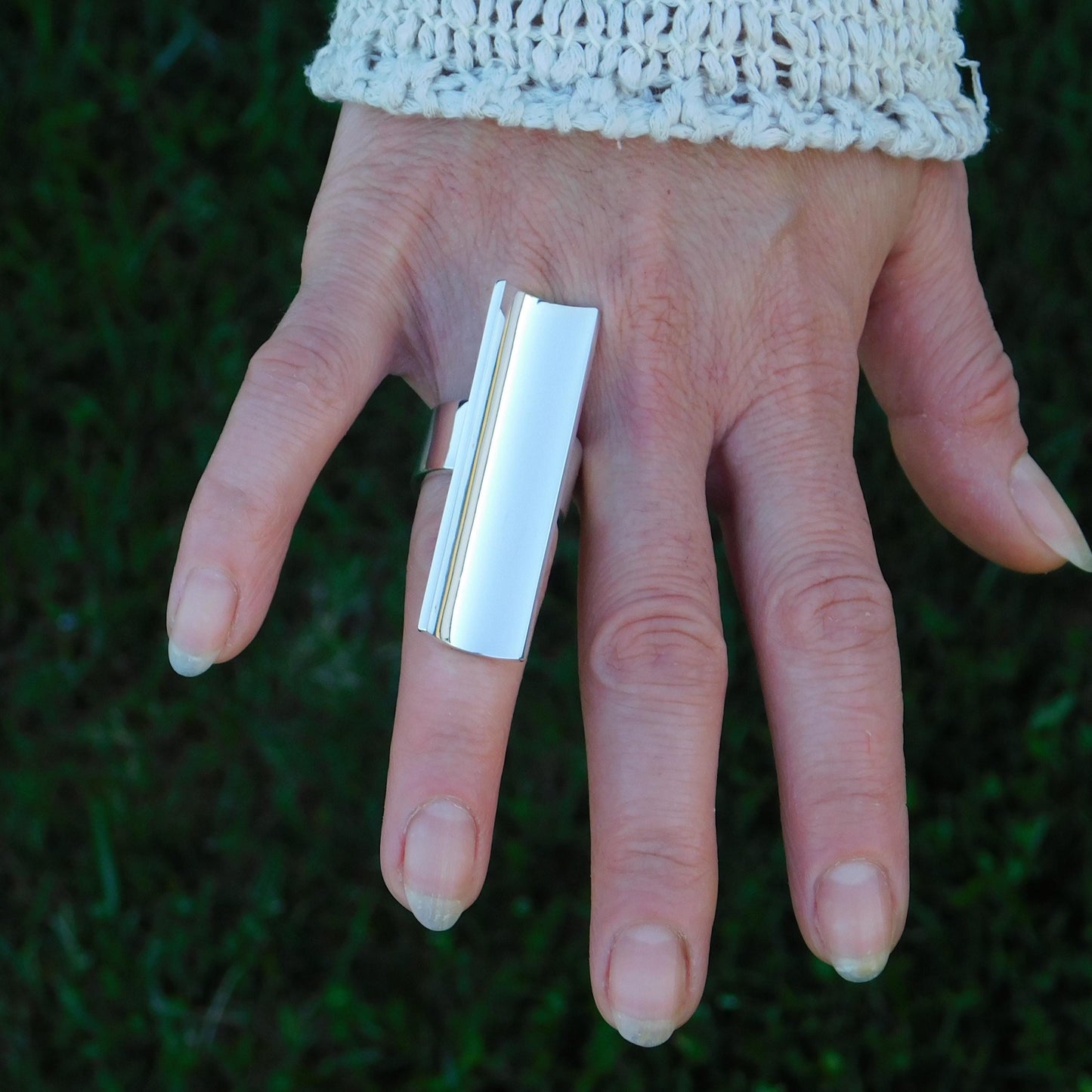 Statement Ring Silver: Long Shield Ring, Large Bar Jewelry