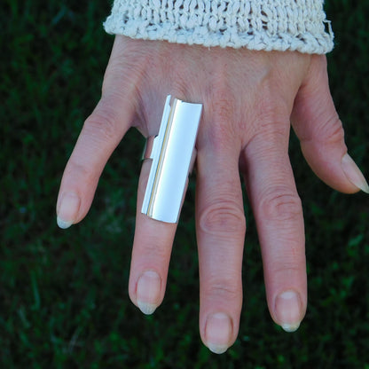 Statement Ring Silver: Long Shield Ring, Large Bar Jewelry