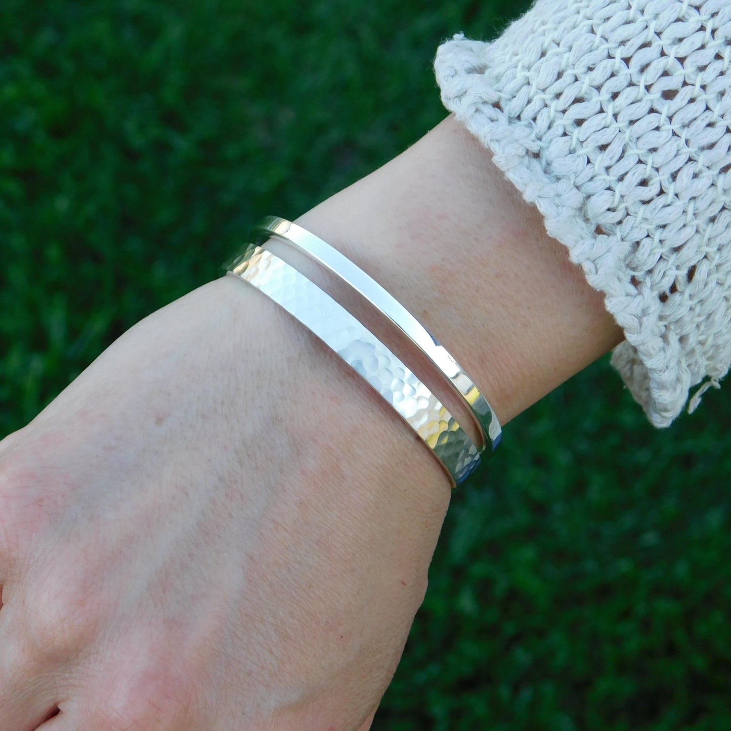 Minimalist Double Cuff Bracelet – AG950 Silver Hammered Bangle