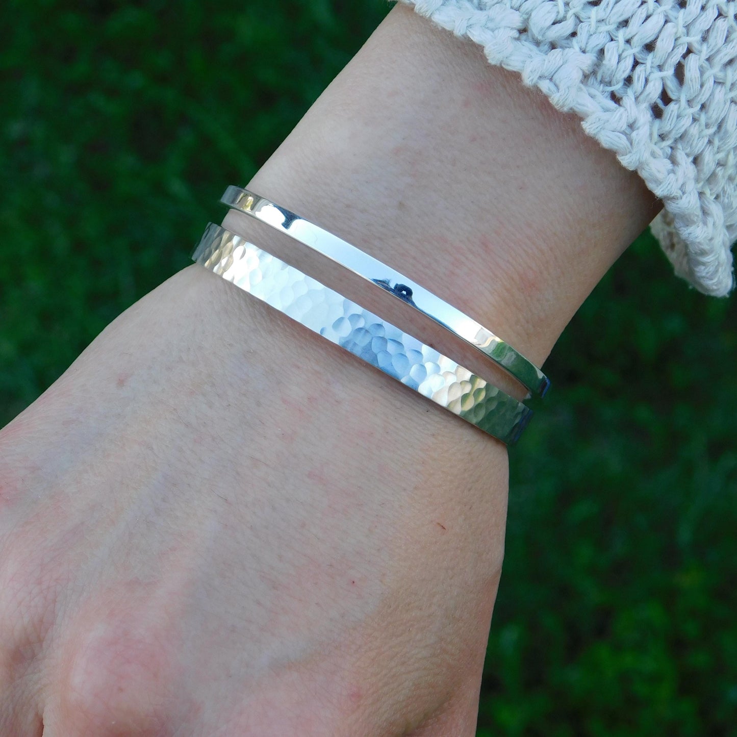 Minimalist Double Cuff Bracelet – AG950 Silver Hammered Bangle