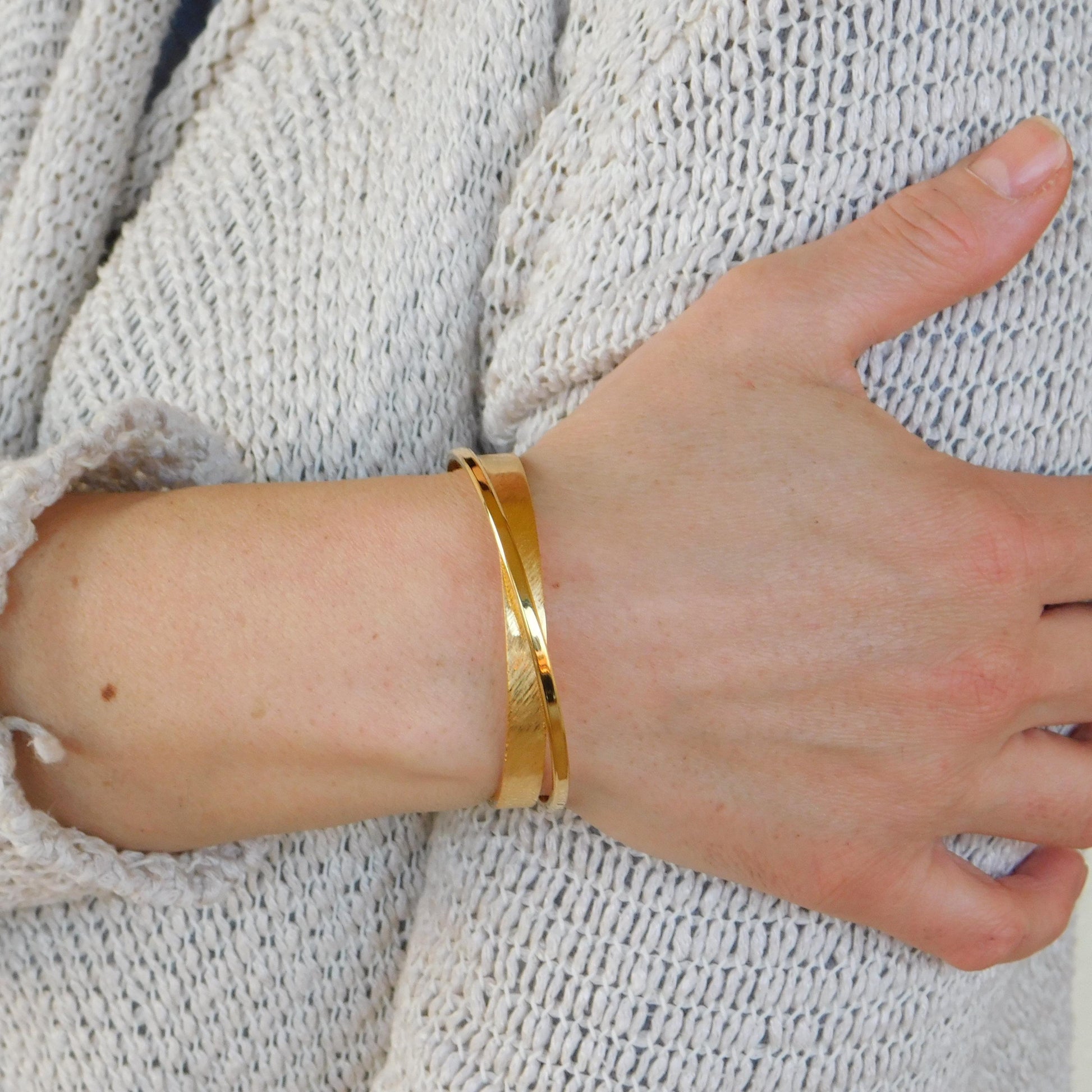Cuff Bracelet for Women: Brushed Wristlet, Double Bangle in Gold Plated or Silver