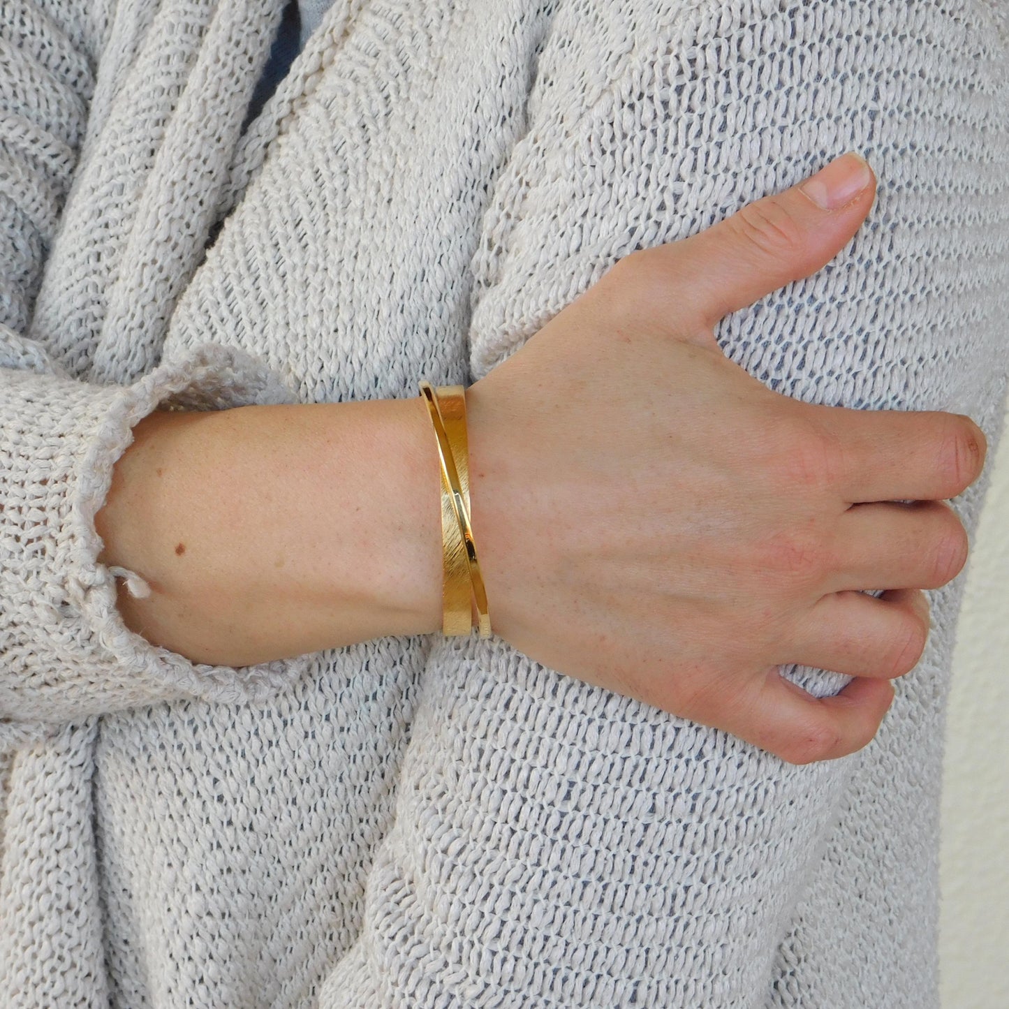 Cuff Bracelet for Women: Brushed Wristlet, Double Bangle in Gold Plated or Silver