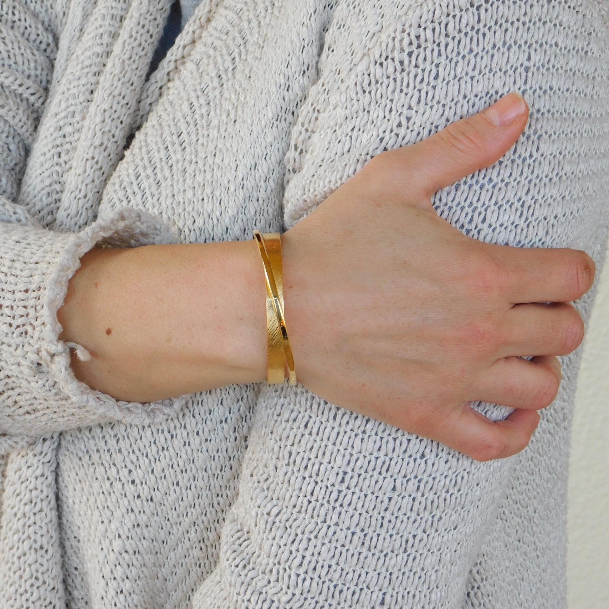 Cuff Bracelet for Women: Brushed Wristlet, Double Bangle in Gold Plated or Silver