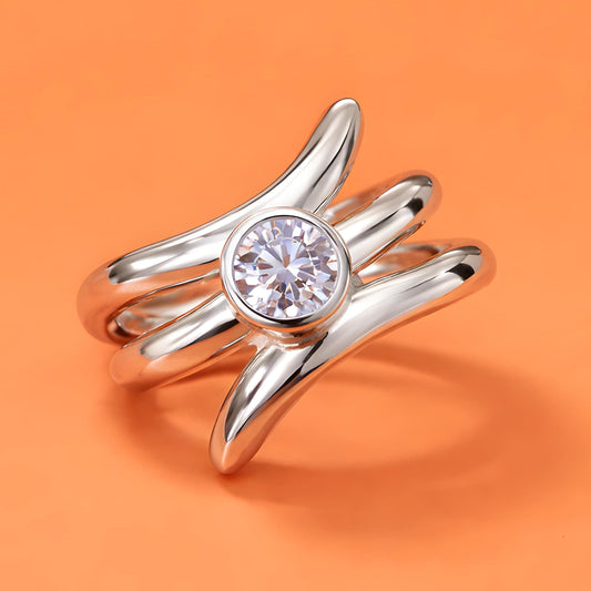 Proposal Ring: Engagement Ring Silver, Asymmetric multiple band Solitaire