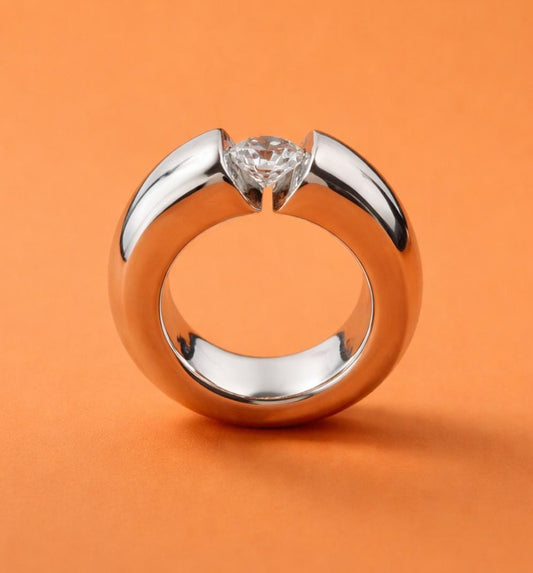 Engagement Ring Silver AG 950: Statement Ring for Women, Moissanite Solitaire, Tension Setting Jewelry