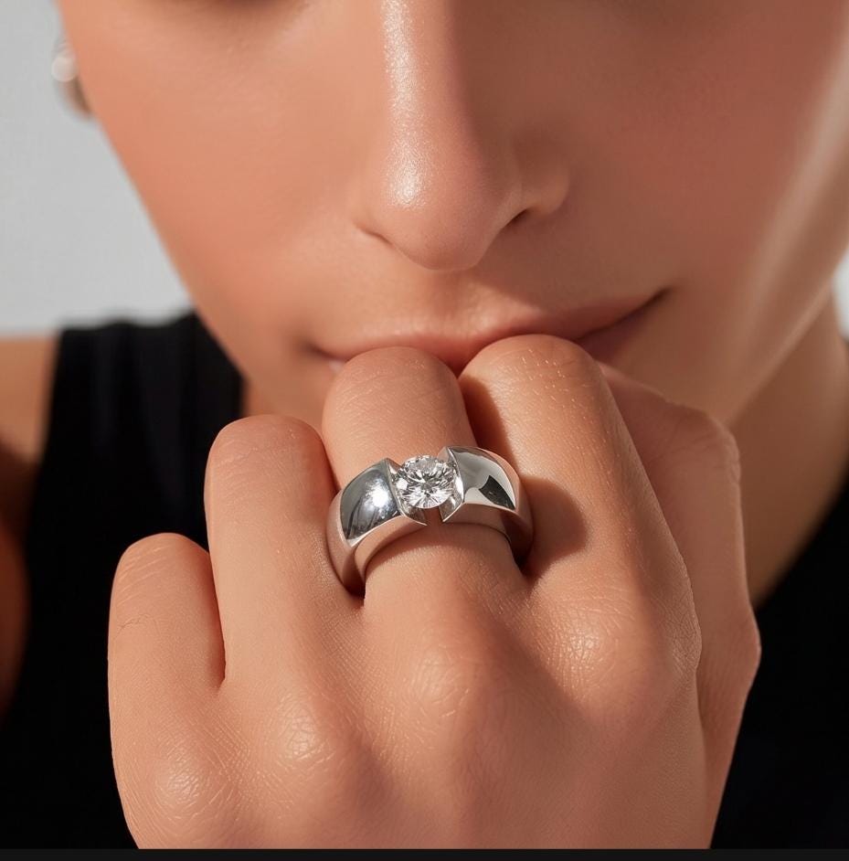 Engagement Ring Silver AG 950: Statement Ring for Women, Moissanite Solitaire, Tension Setting Jewelry