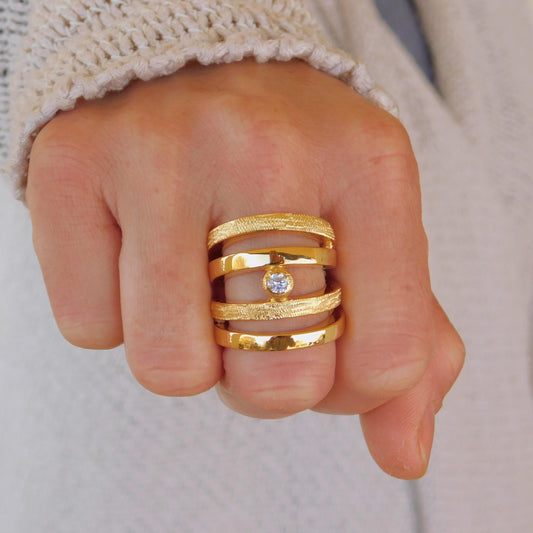 May include: A gold-colored ring with a textured band design and a small, clear gemstone in the center. The ring has multiple bands, creating a layered effect. The ring is worn on a finger.
