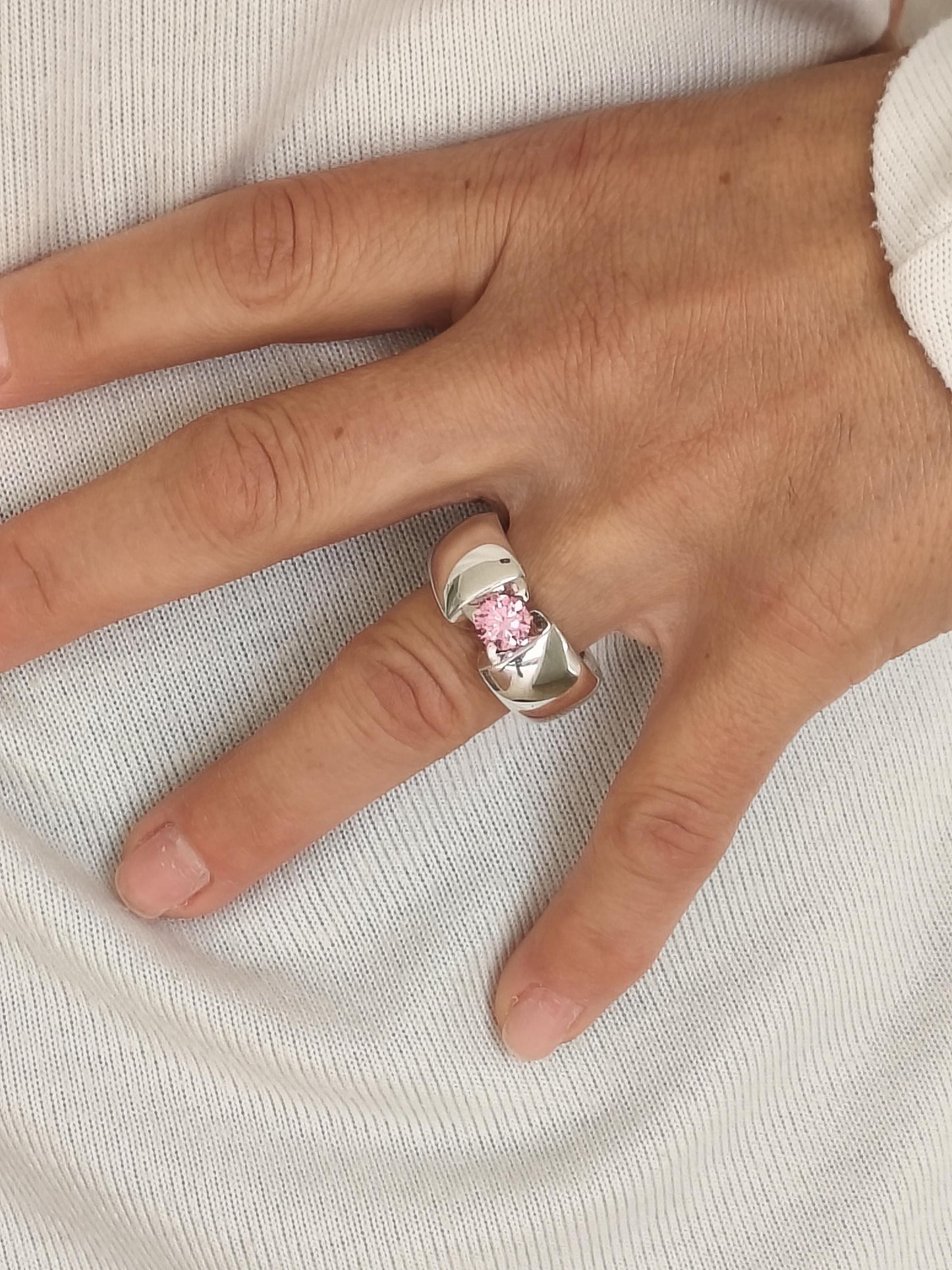 Promise Ring Pink Moissanite: Statement Ring for Women, Moissanite Solitaire, Tension Setting Engagement jewelry