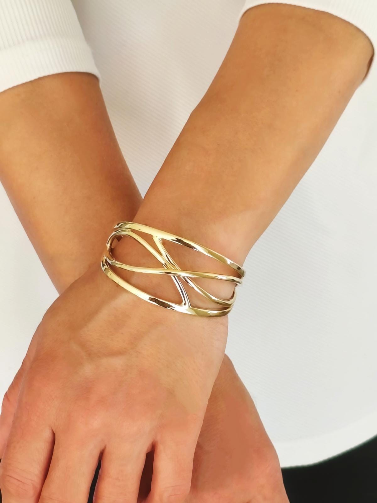 Cuff Bracelet For Women: Crisscross Wristlet, Adjustable Statement Jewelry, Gold Plated or Silver AG 950