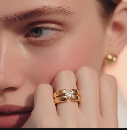 Wedding Ring Princess Cut Gemstone: Wide Band Gold Plated, Unisex Statement Ring