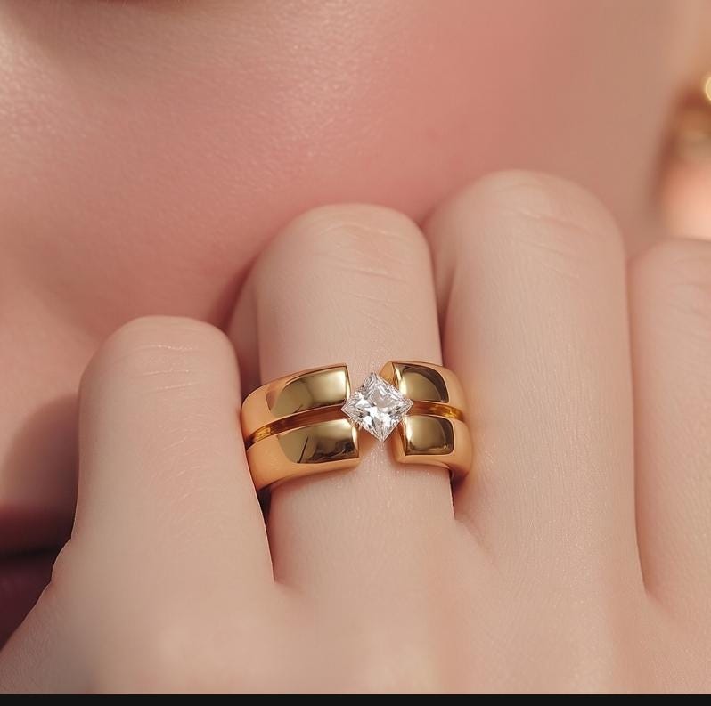 Wedding Ring Princess Cut Gemstone: Wide Band Gold Plated, Unisex Statement Ring