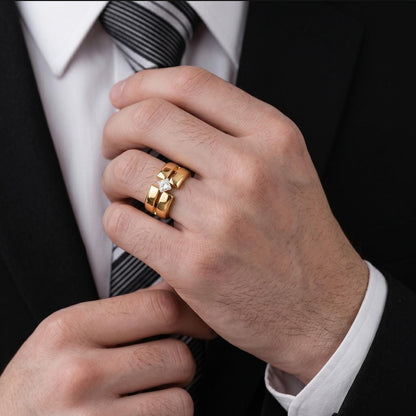 Wedding Ring Princess Cut Gemstone: Wide Band Gold Plated, Unisex Statement Ring
