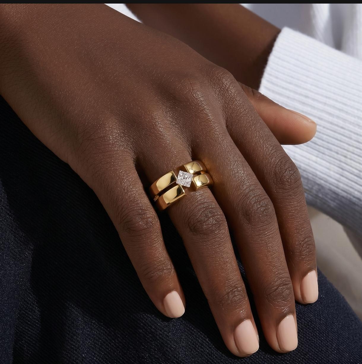 Wedding Ring Princess Cut Gemstone: Wide Band Gold Plated, Unisex Statement Ring