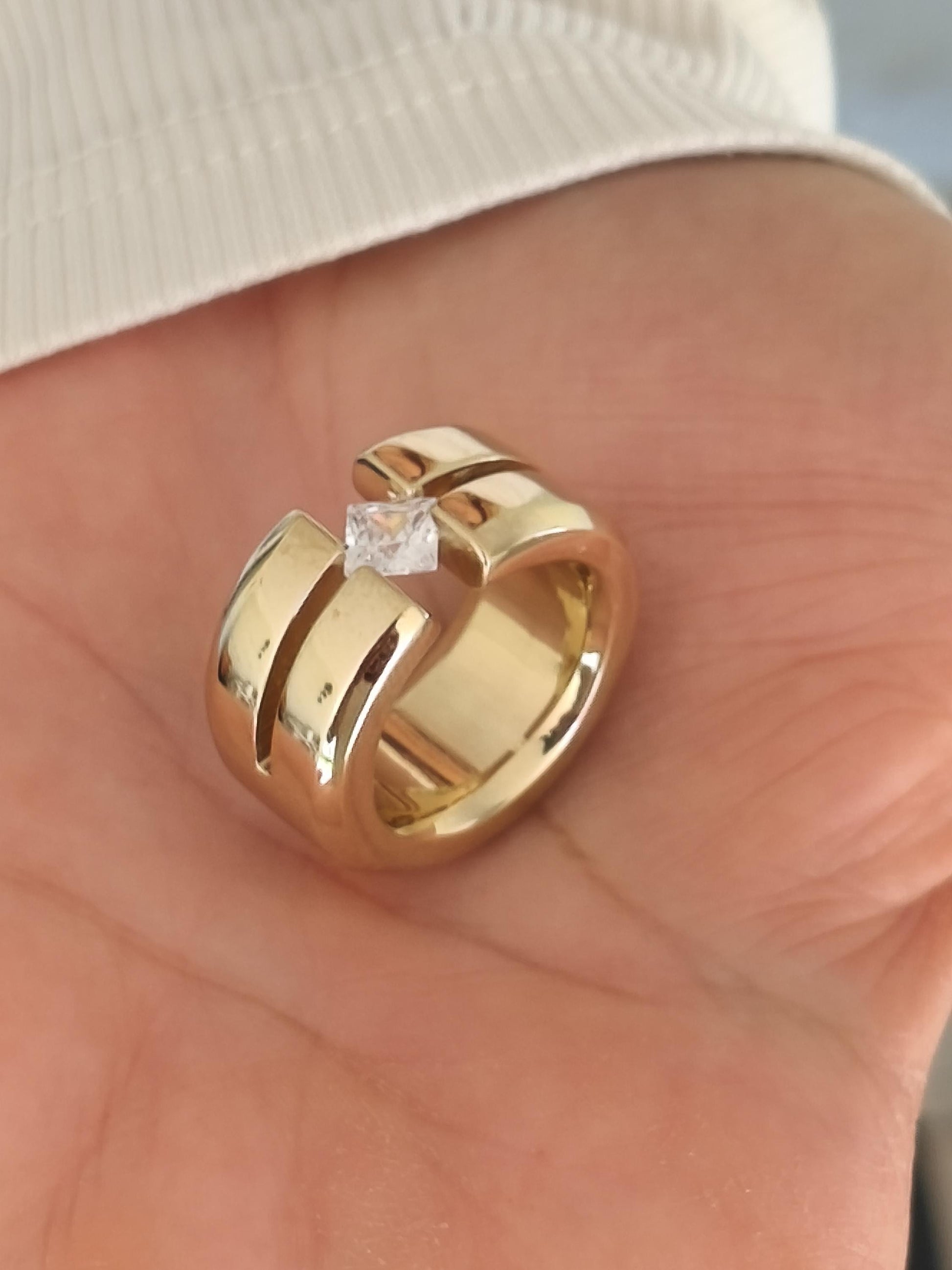 Wedding Ring Princess Cut Gemstone: Wide Band Gold Plated, Unisex Statement Ring