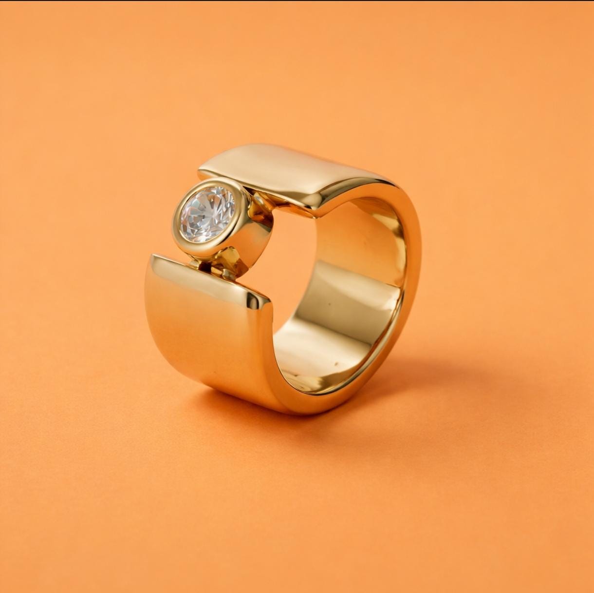 Wedding Ring for Women: Thick band Moissanite Ring, Wide Solitaire Gold Plated