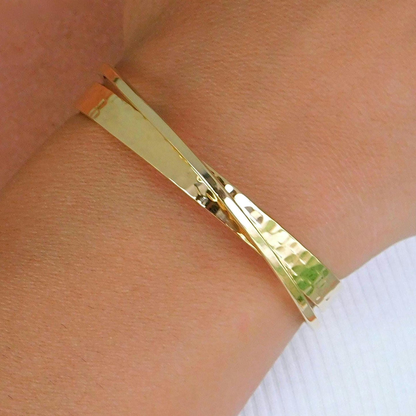 Cuff Bracelet for Women: Modern Wristlet, Double Bangle Gold Plated, Hammered Finish