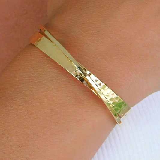 Cuff Bracelet for Women: Modern Wristlet, Double Bangle Gold Plated, Hammered Finish
