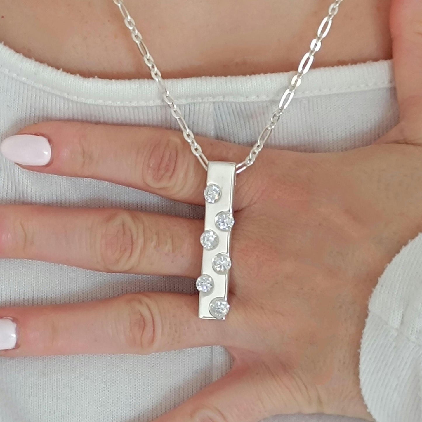 Multi gemstone Silver Bar Necklace, Modern Minimalist Pendant, Sparkling Gemstone Jewelry