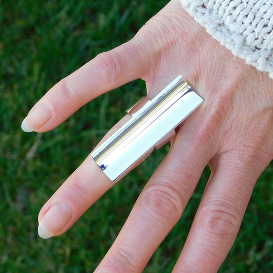 Statement Ring Silver: Long Shield Ring, Large Bar Jewelry