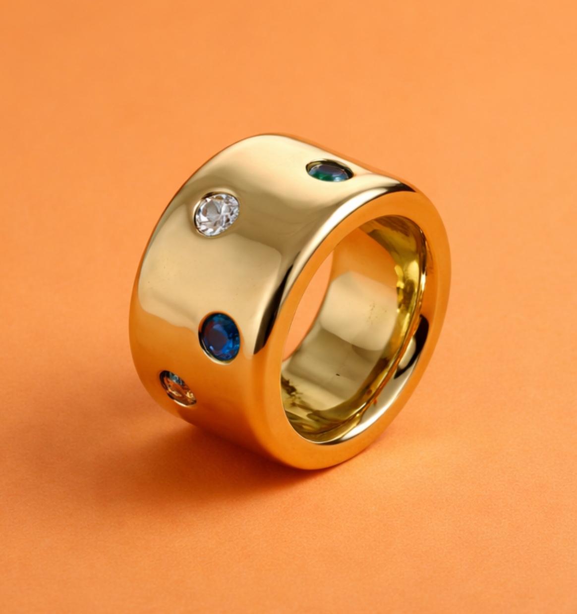 Gold Band Gemstone Ring: Minimalist Statement Jewelry, Multi-Color Stones, Gold Alternative
