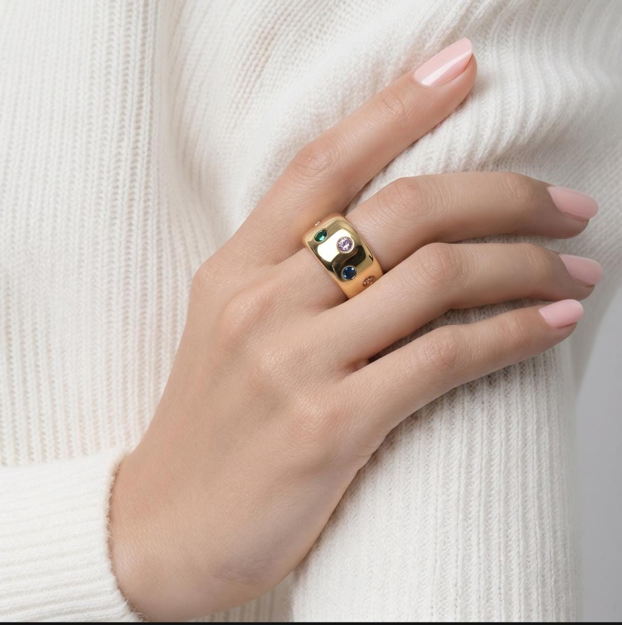 Gold Band Gemstone Ring: Minimalist Statement Jewelry, Multi-Color Stones, Gold Alternative