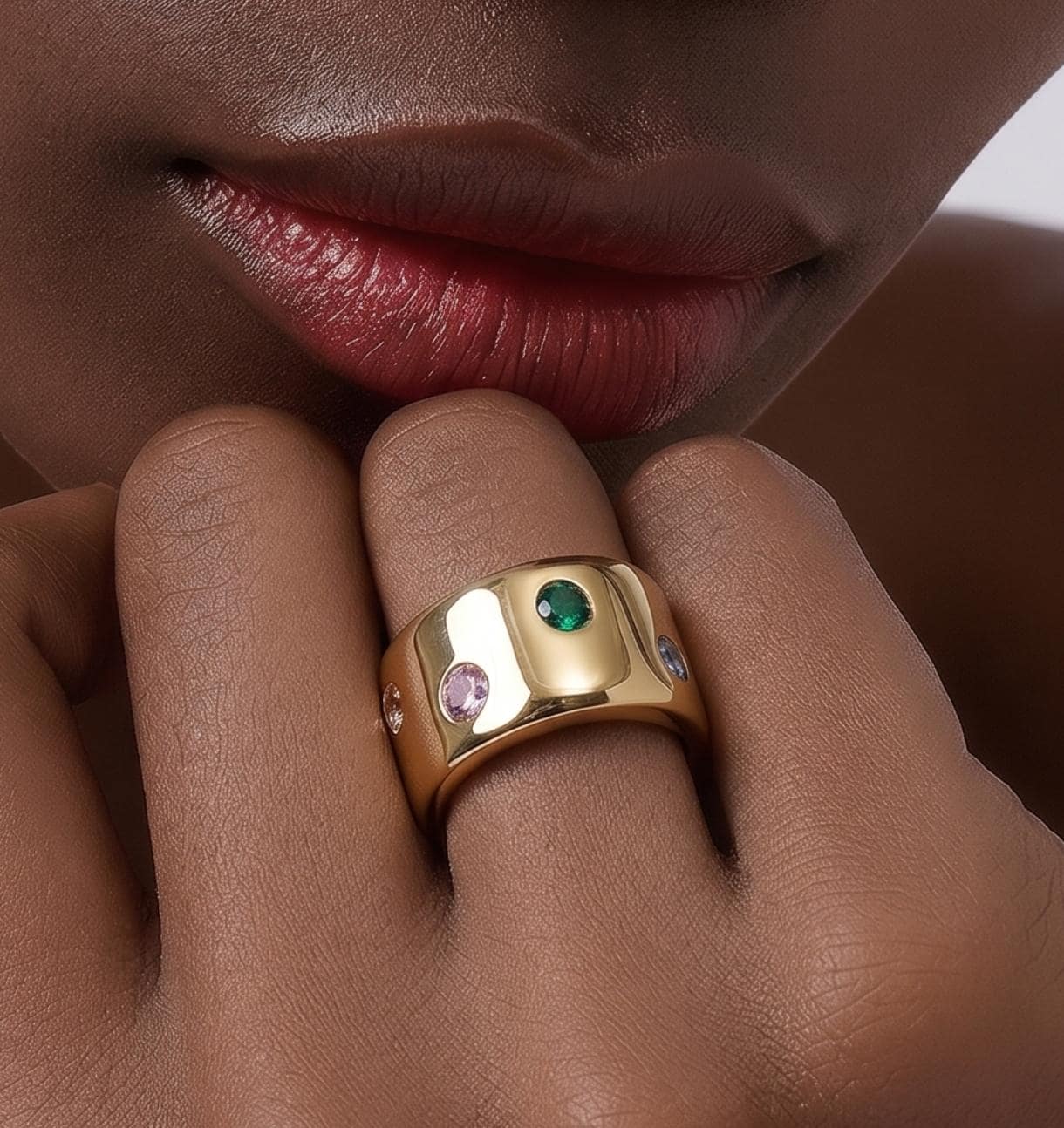 Gold Band Gemstone Ring: Minimalist Statement Jewelry, Multi-Color Stones, Gold Alternative
