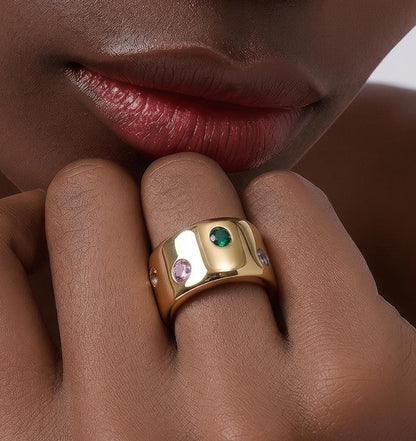 Gold Band Gemstone Ring: Minimalist Statement Jewelry, Multi-Color Stones, Gold Alternative