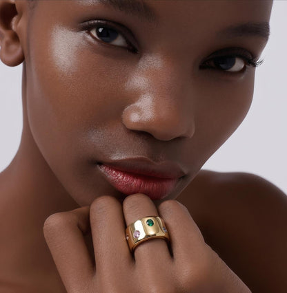 Gold Band Gemstone Ring: Minimalist Statement Jewelry, Multi-Color Stones, Gold Alternative