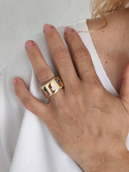 Gold Band Gemstone Ring: Minimalist Statement Jewelry, Multi-Color Stones, Gold Alternative