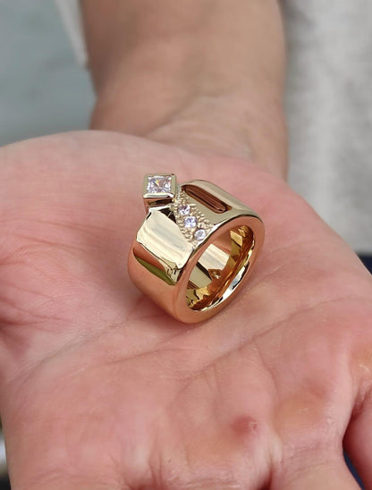 Thick Band Engagement Ring: Modern Jewelry, Square Gemstone, Gold Plated Wide Ring