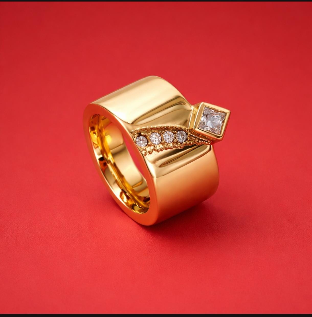 Thick Band Engagement Ring: Modern Jewelry, Square Gemstone, Gold Plated Wide Ring