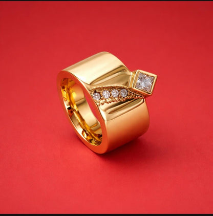 Thick Band Engagement Ring: Modern Jewelry, Square Gemstone, Gold Plated Wide Ring