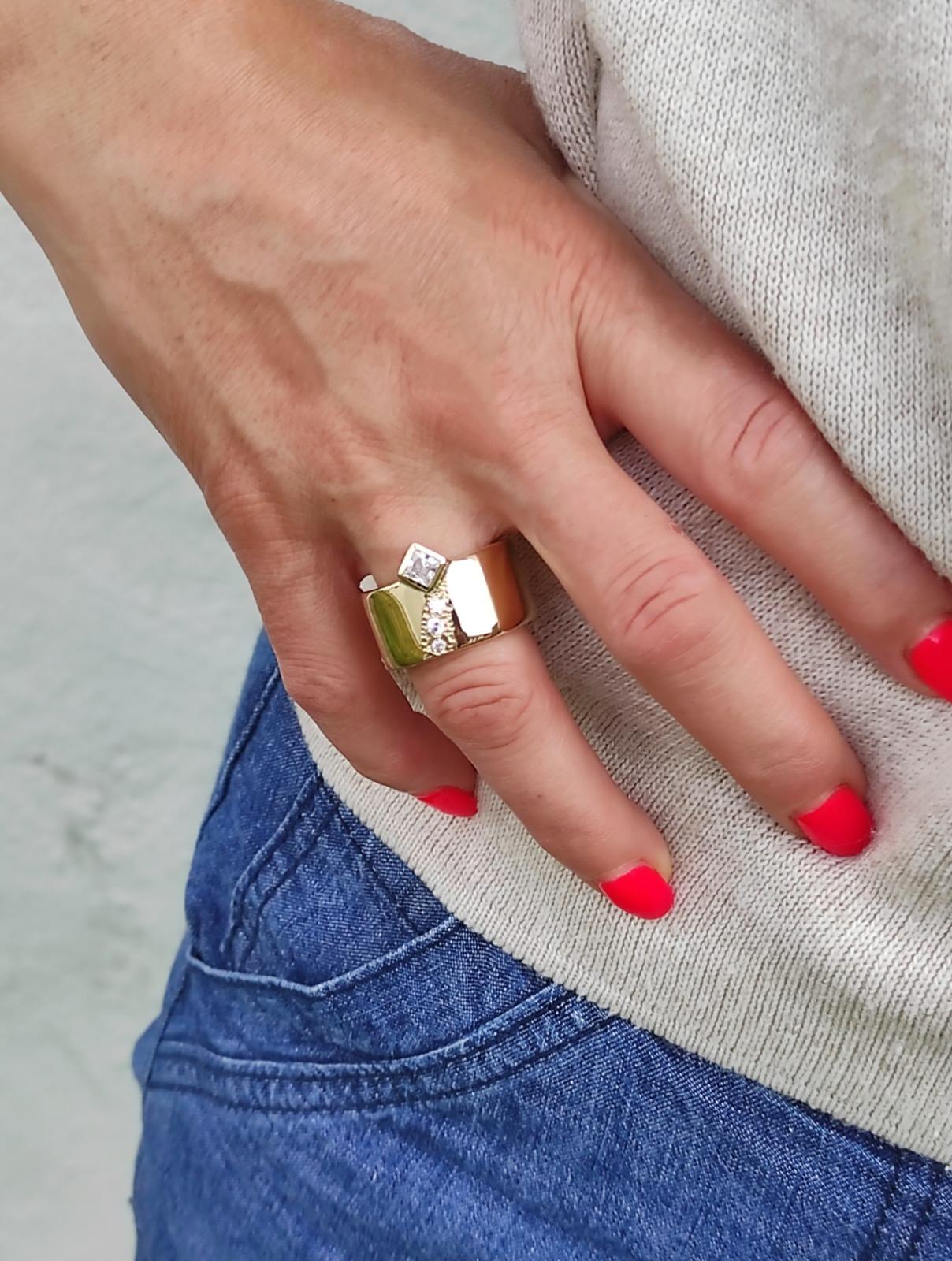 Thick Band Engagement Ring: Modern Jewelry, Square Gemstone, Gold Plated Wide Ring